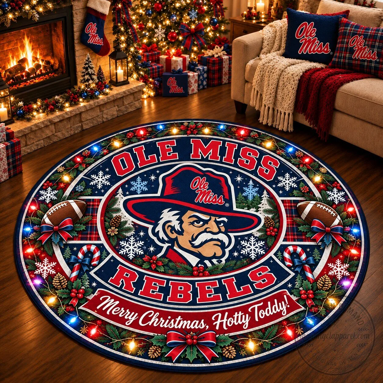 Ole Miss Rebels Christmas Holiday Football Round Rug