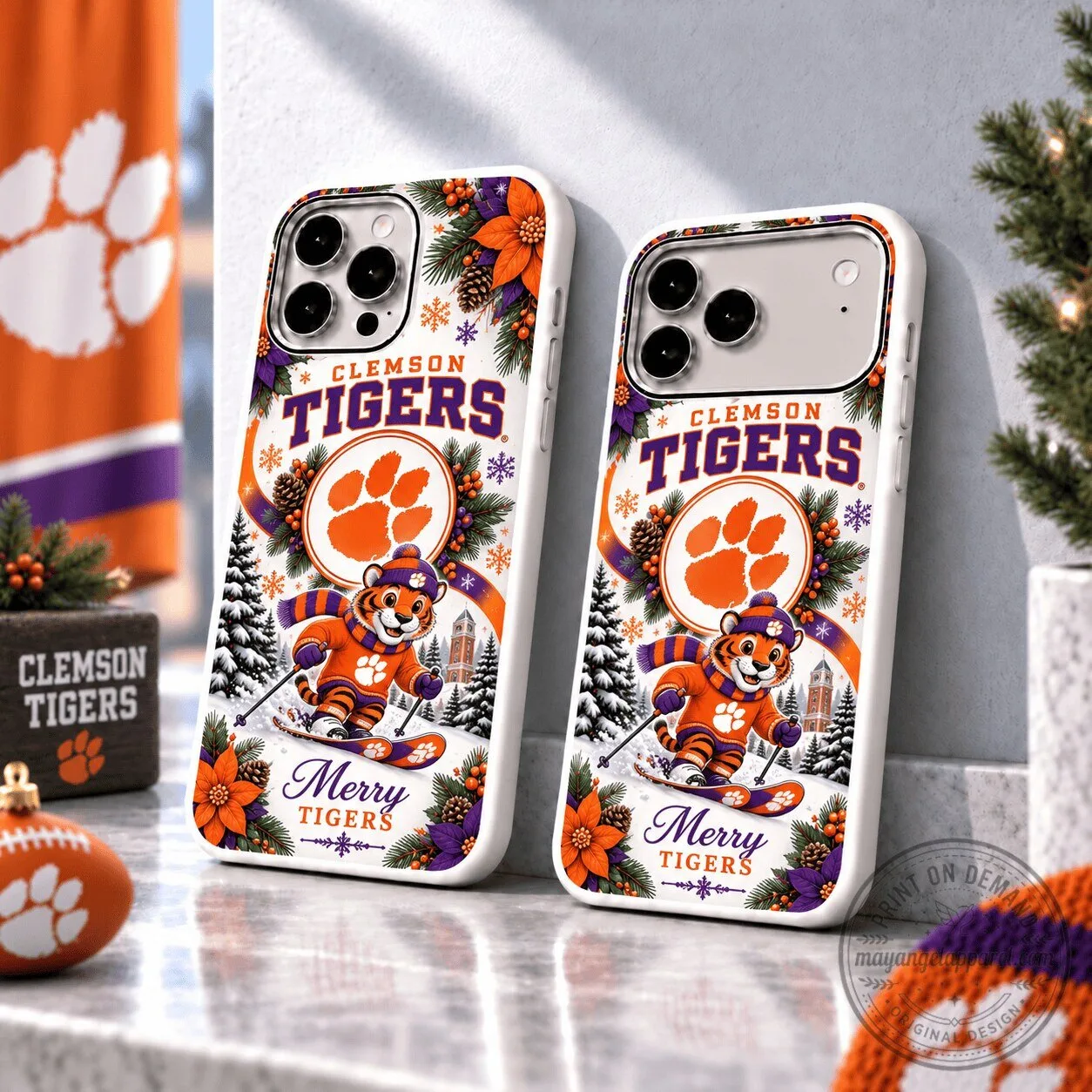 Clemson Tigers Christmas Skiing Mascot Holiday Phone Case