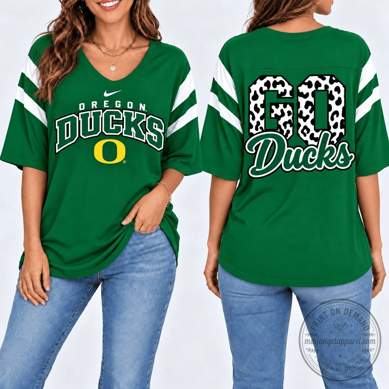 Oregon Ducks Game Day Leopard Print V-Neck T-Shirt