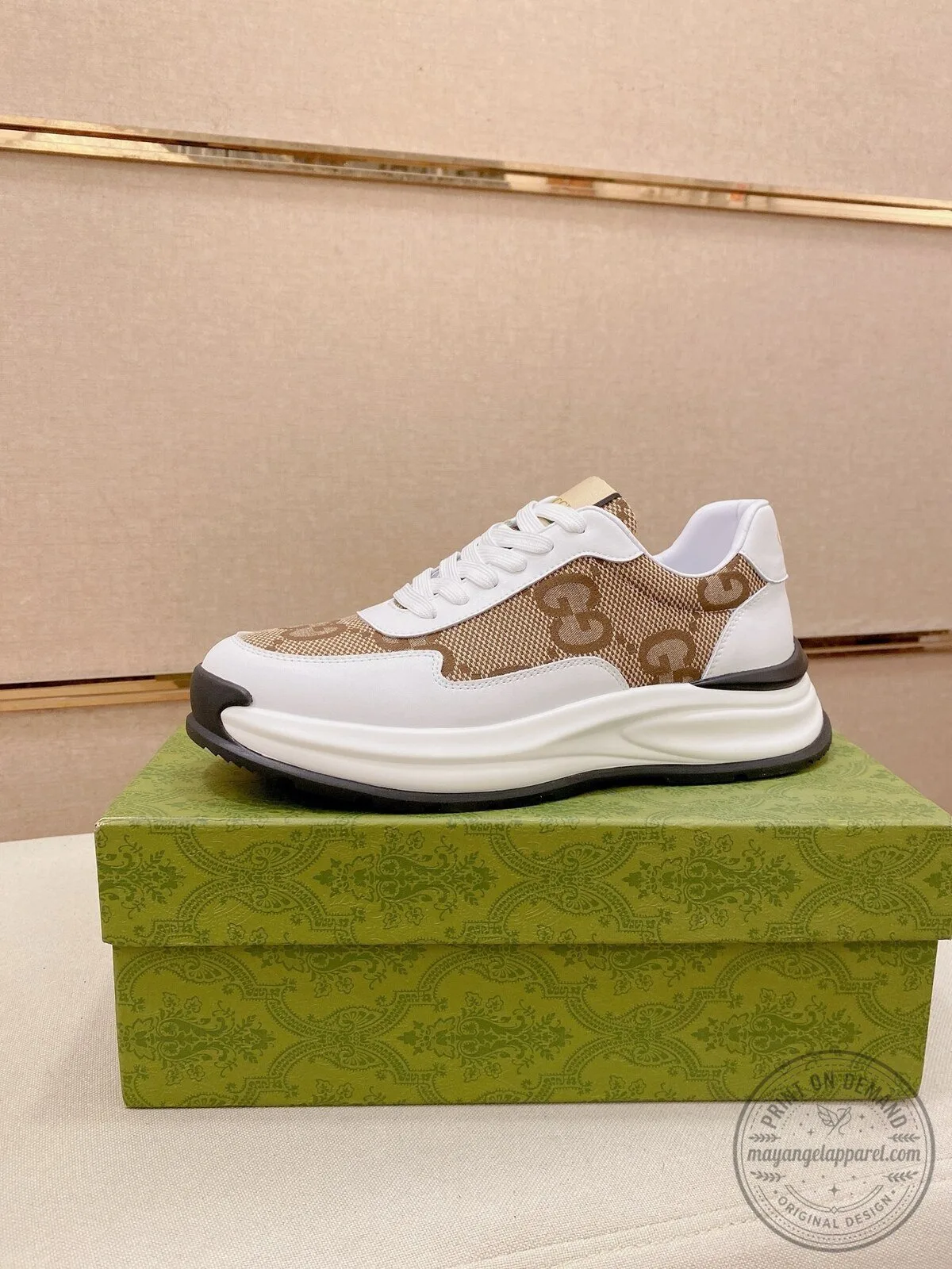 Gucci Monogram Pattern White and Brown Fashion Sneakers for Men and Women