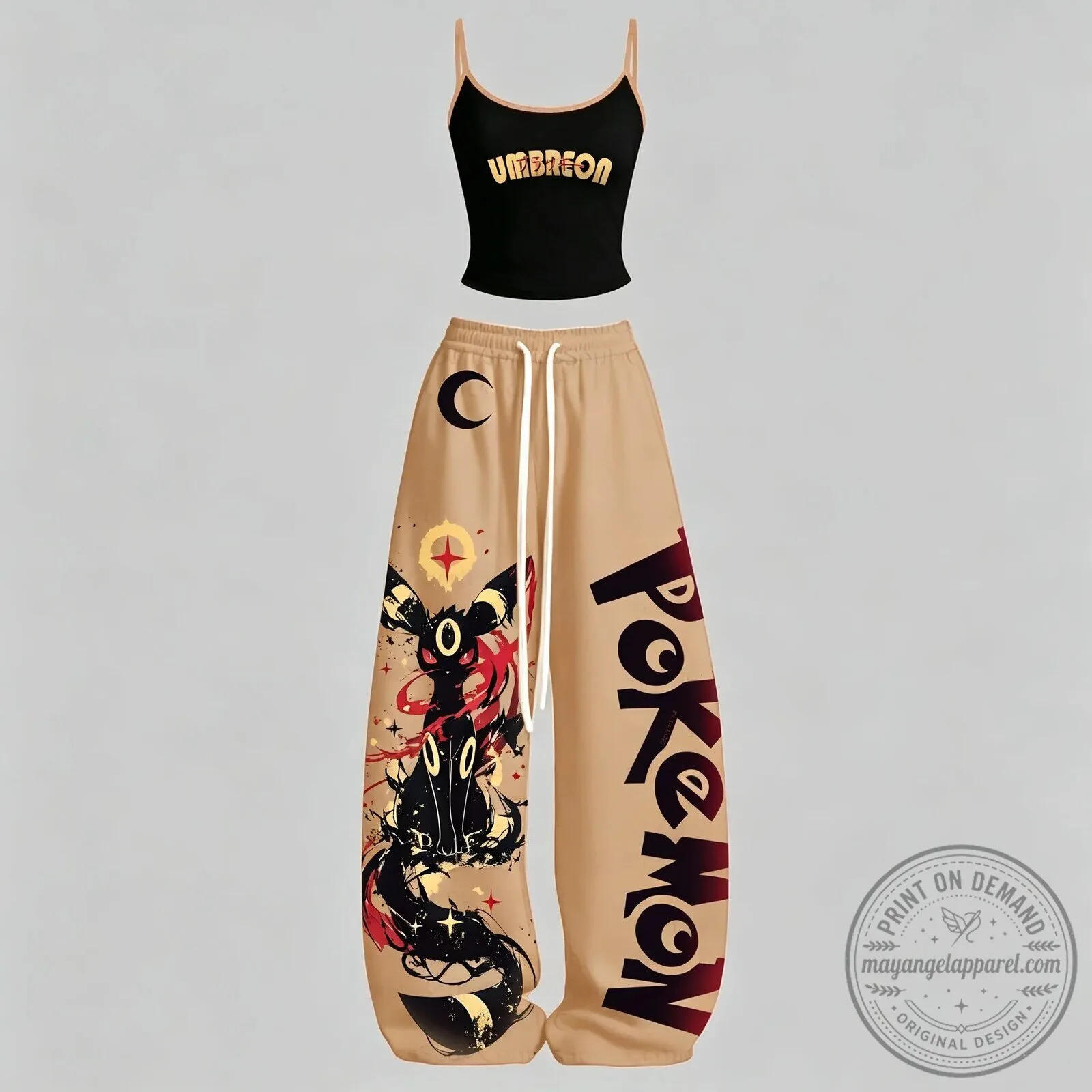 Umbreon Pokémon Character Graphic Print Spaghetti Strap Tank Top and Pants Set