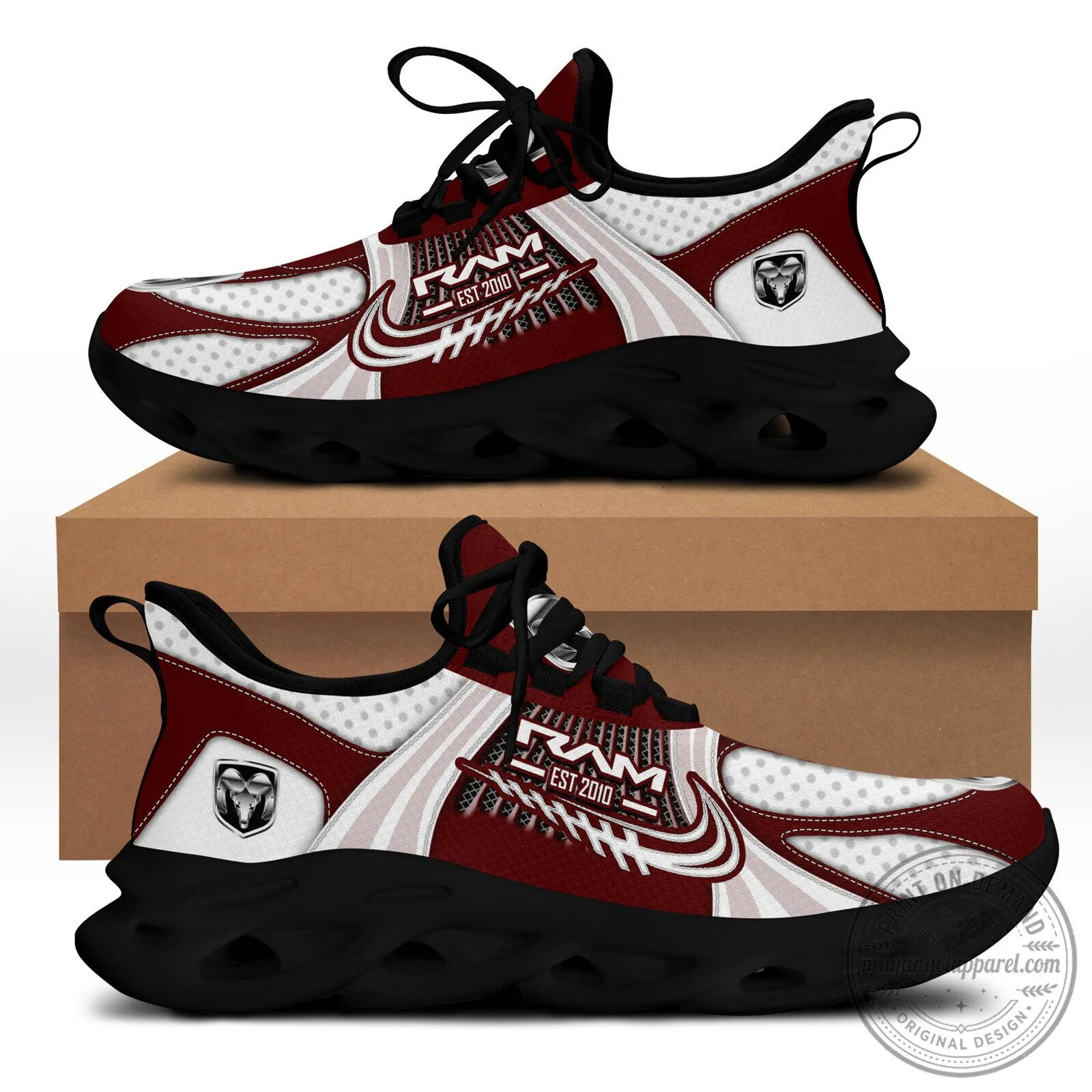 Ram Trucks Logo White and Maroon Running Shoes for Men and Women 1 Ram Trucks Logo White and Maroon Running Shoes for Men and Women