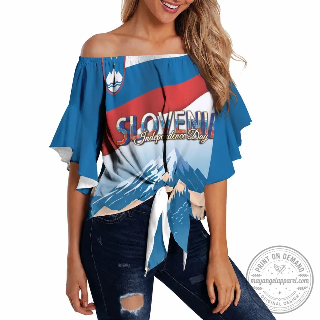 Slovenia Independence Day Off Shoulder Wrap Waist Top with Lake Bled Julian Alps Landscape Slovenia Independence Day Off Shoulder Wrap Waist Top with Lake Bled Julian Alps Landscape