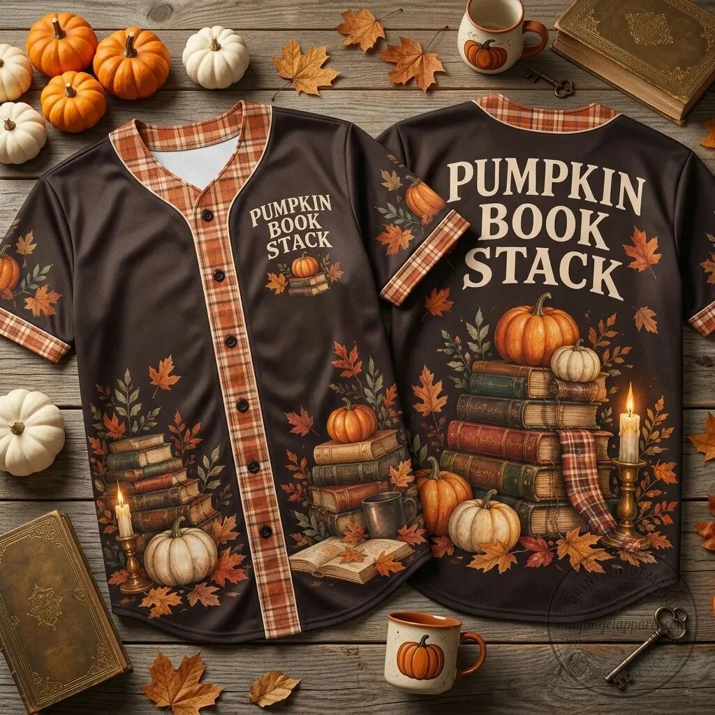 Pumpkin Book Stack Autumn Reading Fall Leaves Baseball Jersey Shirt