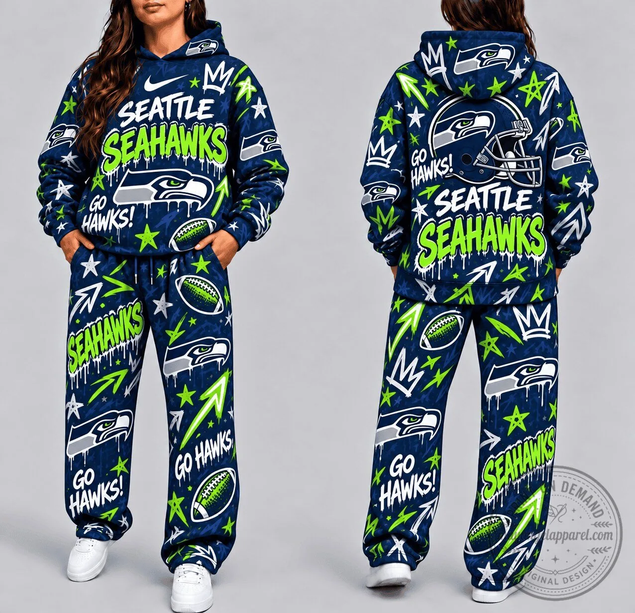 Seattle Seahawks Graffiti Art Blue Football Helmet and Logo Hoodie