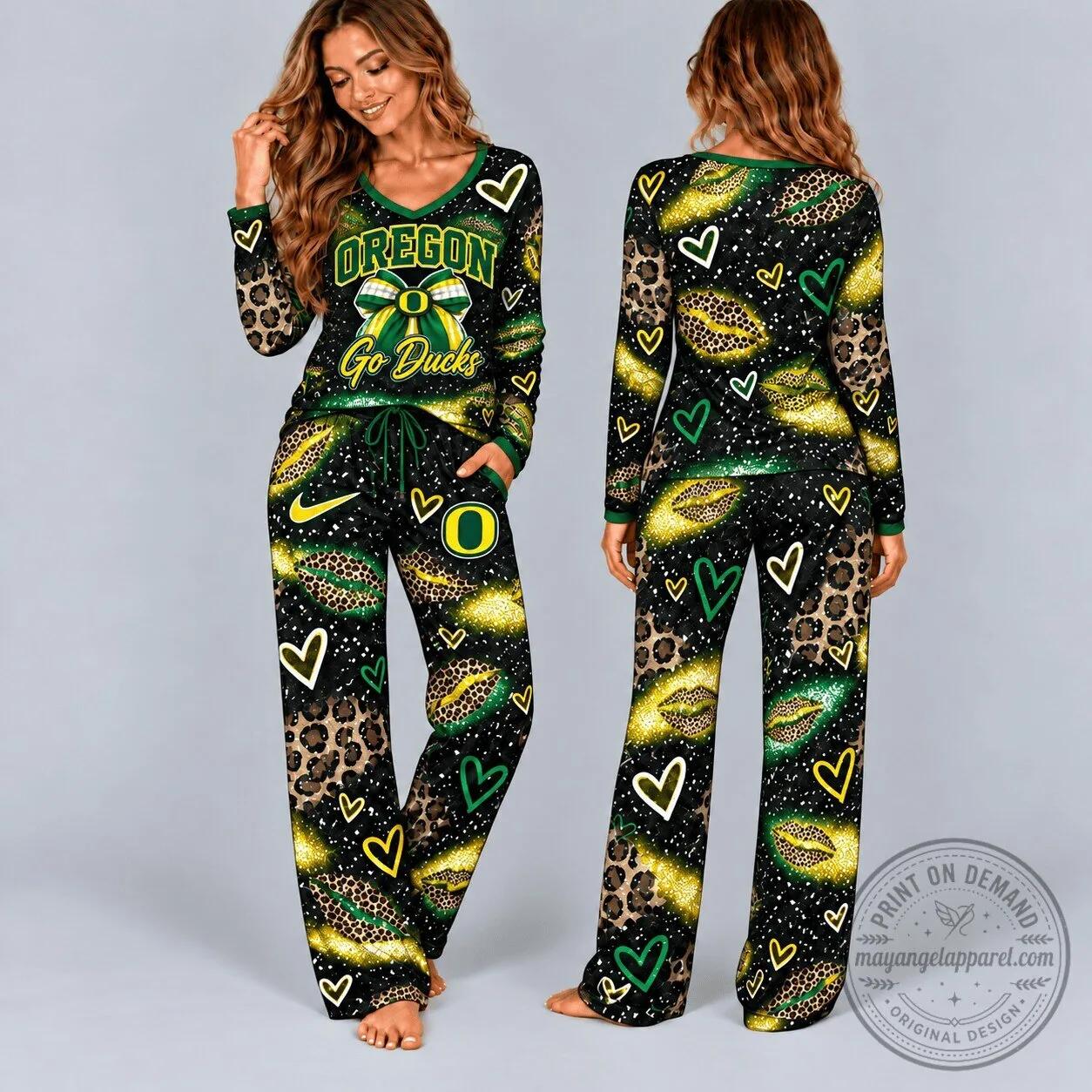 Oregon Ducks Leopard Print Hearts Long Sleeve V-Neck Pajamas Set