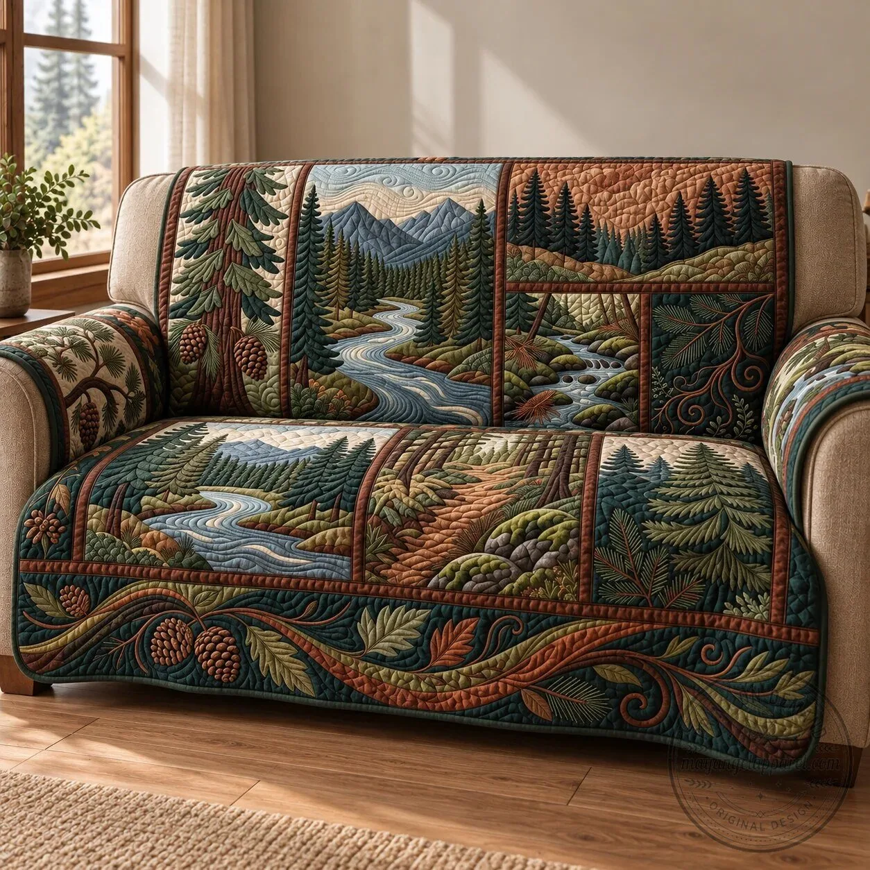Woodland Story Panels Quilted Sofa Cover Protector with Pinecone and River Design
