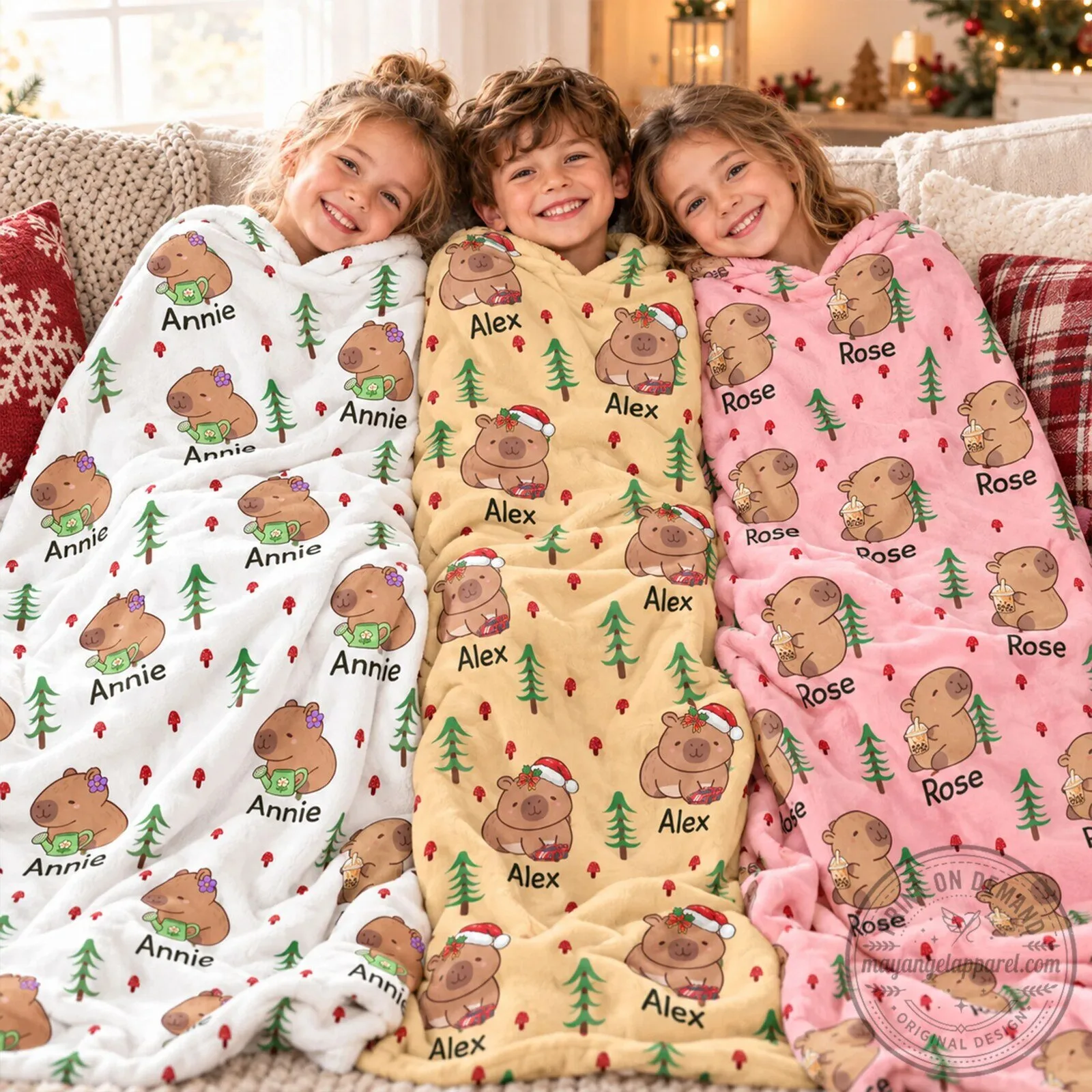 Personalized Capybara Christmas Tree Pattern Soft Fleece Throw Blanket