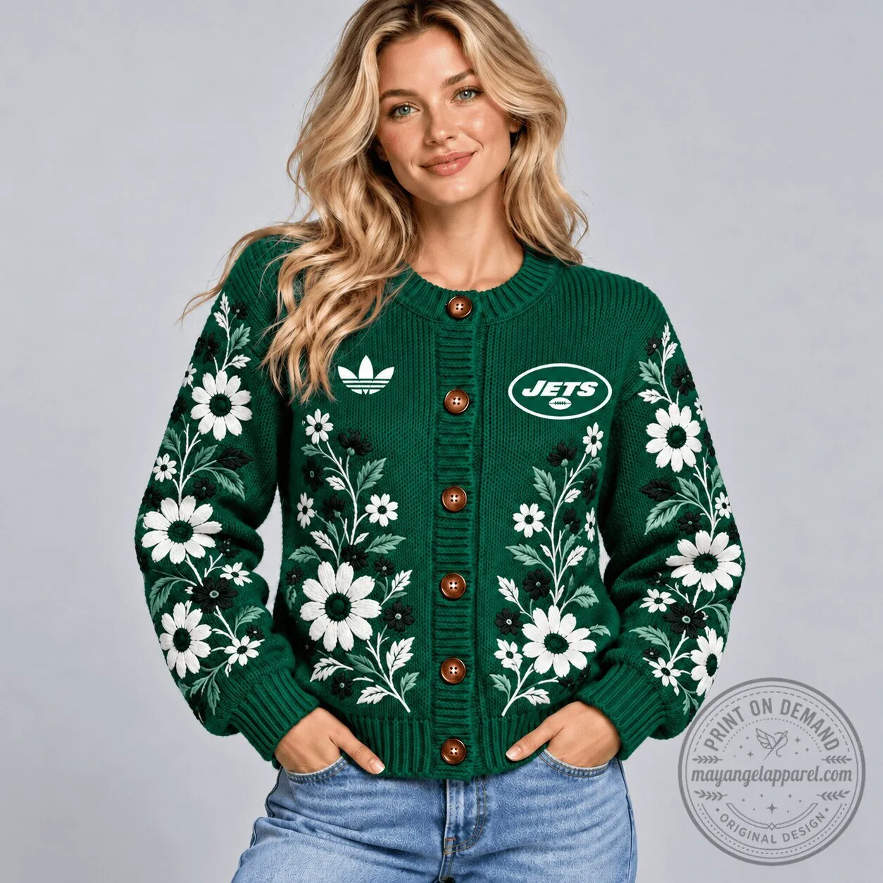 New York Jets NFL Floral Embroidered Green Button-Up Cardigan Sweater