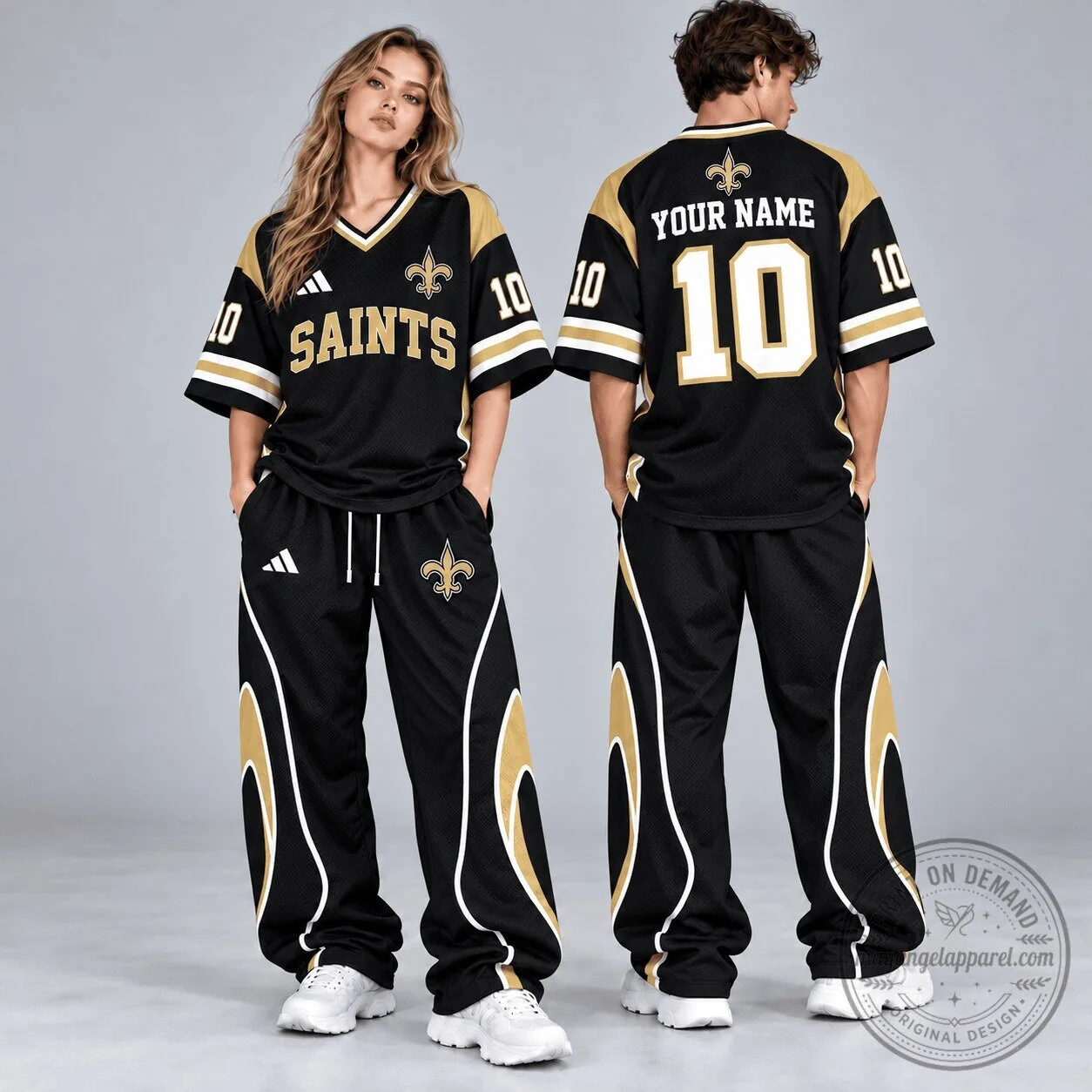 New Orleans Saints Custom Name Number Black Gold Football Jersey and Pants Set