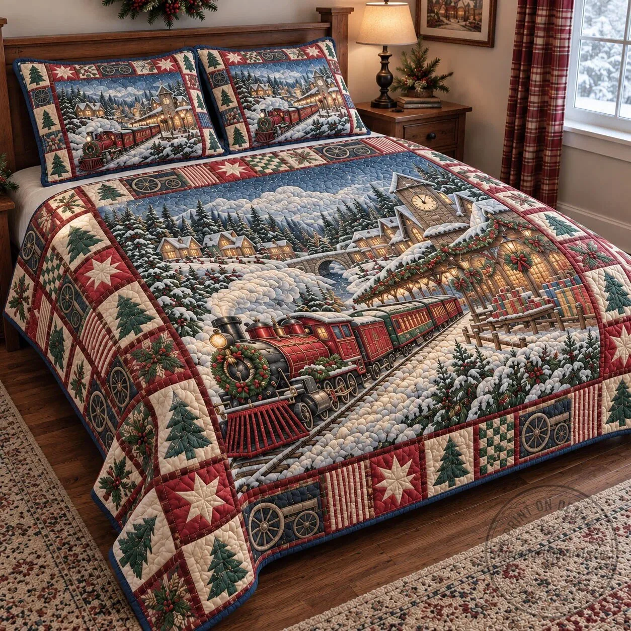 Christmas Village Train Station Winter Wonderland Quilted Bedding Set