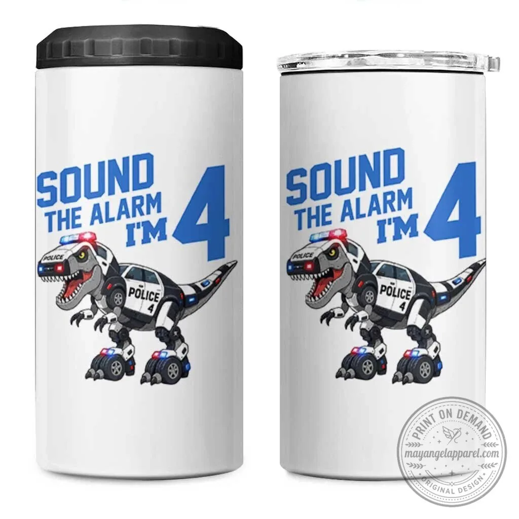 Funny Dinosaur Police Patrol 4th Birthday Can Cooler Tumbler for Boys and Girls