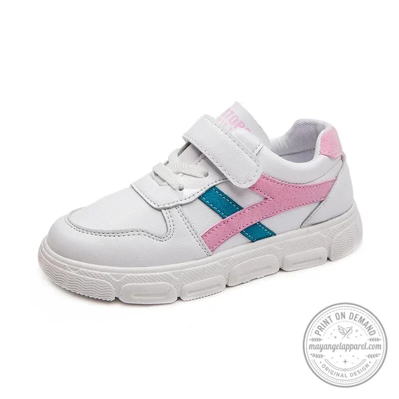 Children's White Sneakers with Pink and Blue Stripes Hook and Loop Closure