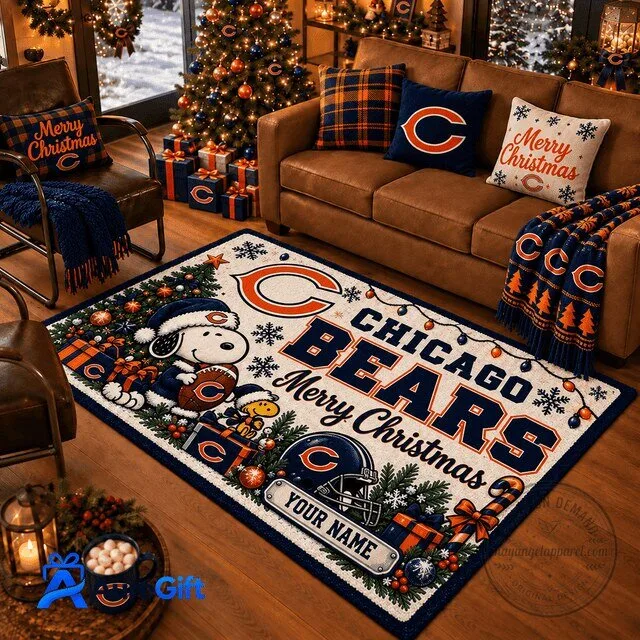 Chicago Bears Snoopy Christmas Holiday Area Rug Personalized with Your Name