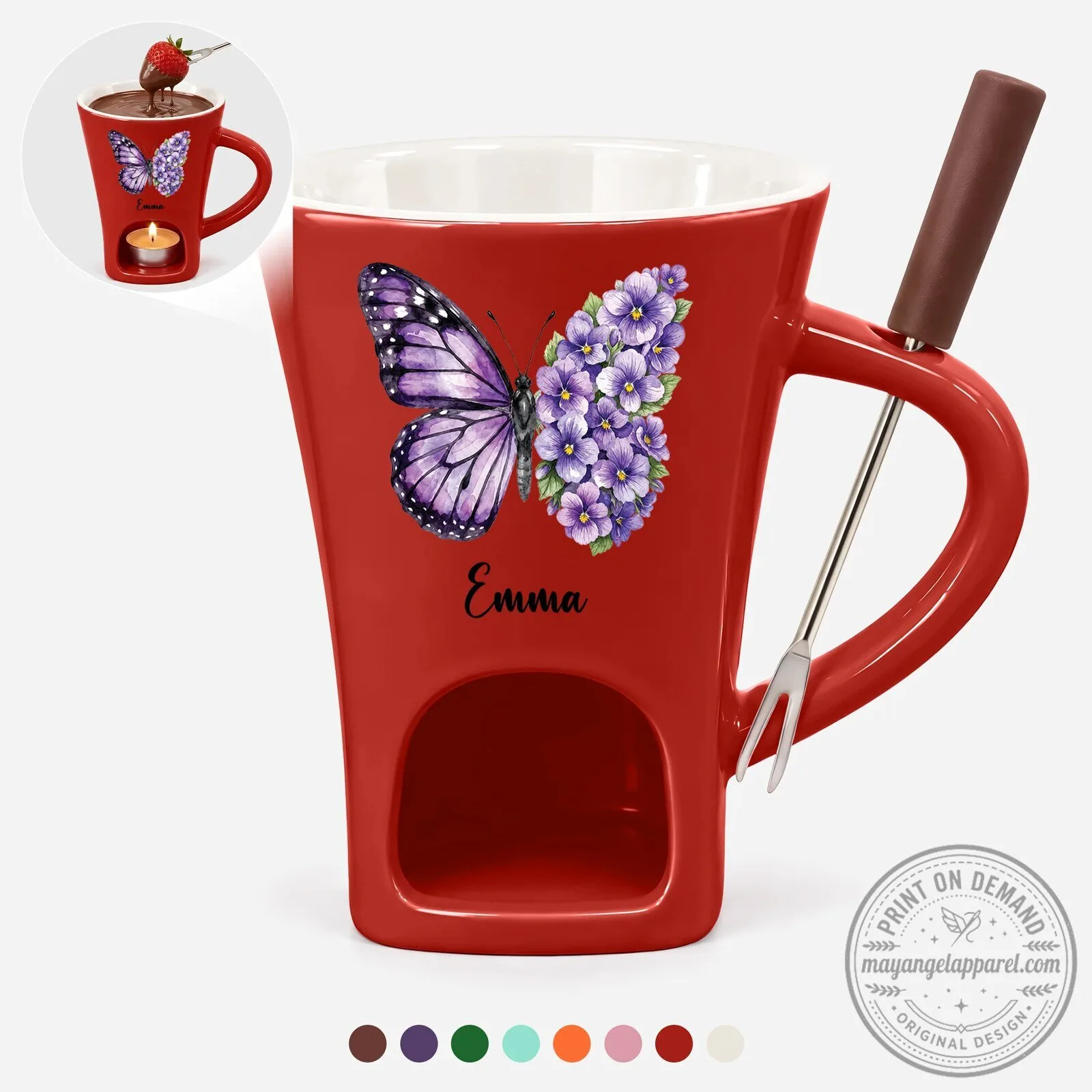 Personalized Purple Butterfly and Flowers Ceramic Fondue Mug with Name