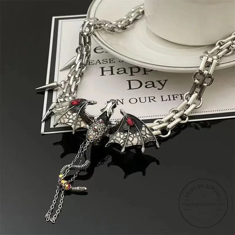 Gothic Dragon Pendant Necklace with Spiked Chain and Red Gemstones