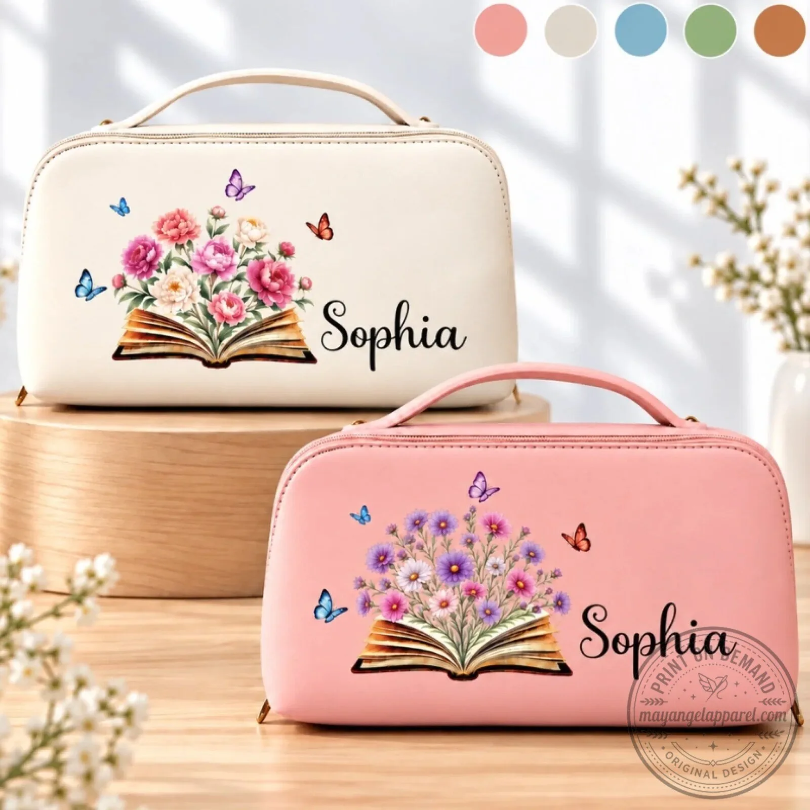 Personalized Floral Book Lover Toiletry Bag for Women, Custom Name Cosmetic Pouch