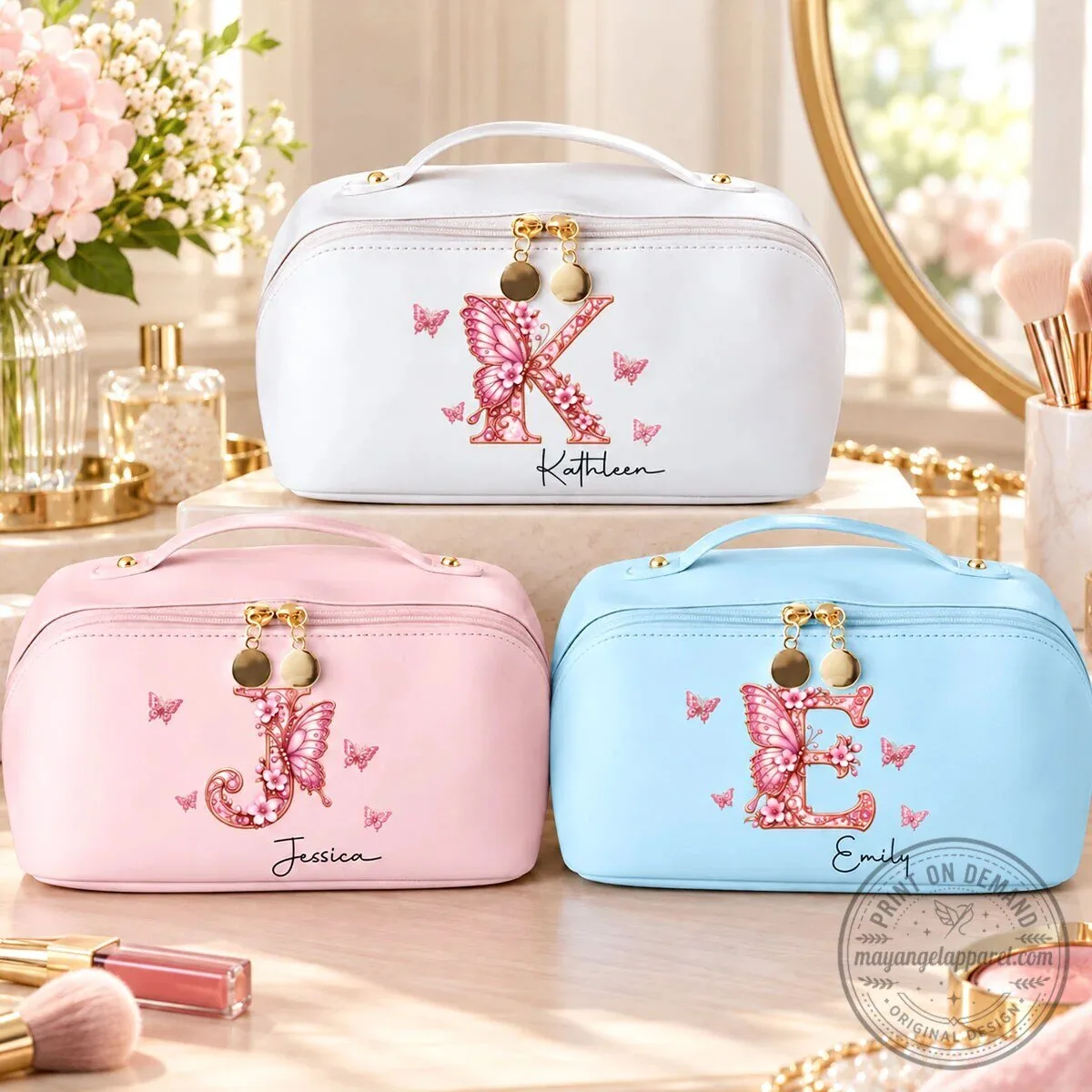 Personalized Butterfly Floral Initial Makeup Bag with Custom Name