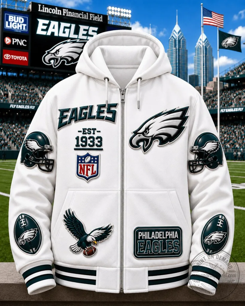 Philadelphia Eagles NFL Football Team White Full-Zip Hoodie 49 Philadelphia Eagles NFL Football Team White Full-Zip Hoodie