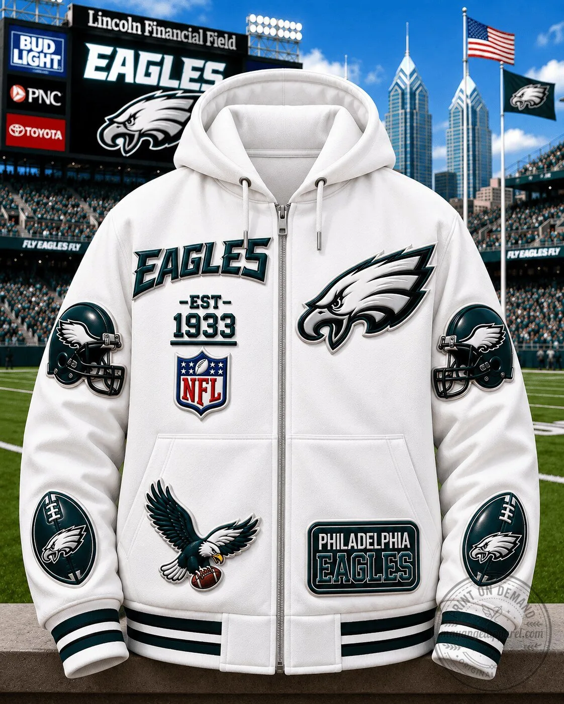 Philadelphia Eagles NFL Football Team White Full-Zip Hoodie