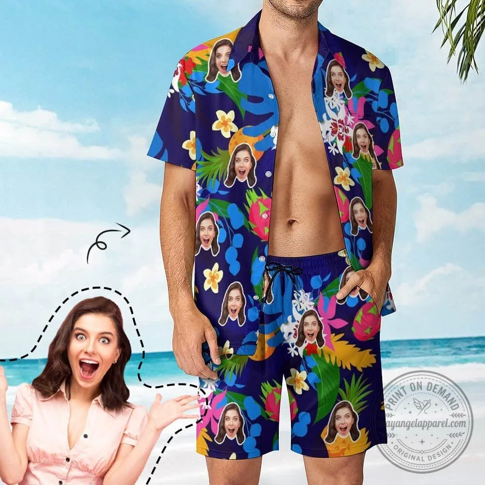Custom Face Tropical Floral Hawaiian Shirt and Shorts Set for Summer Holiday
