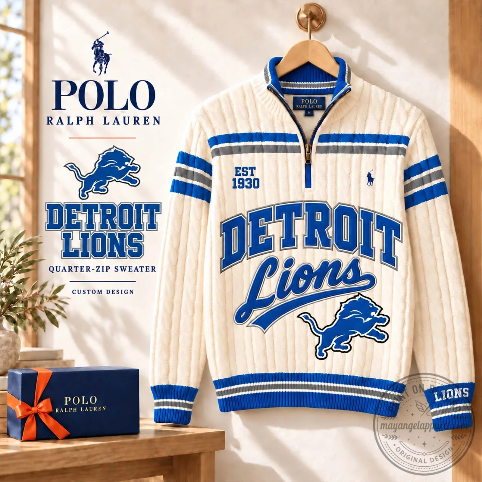 Detroit Lions Quarter-Zip Sweater with Ralph Lauren Polo Logo