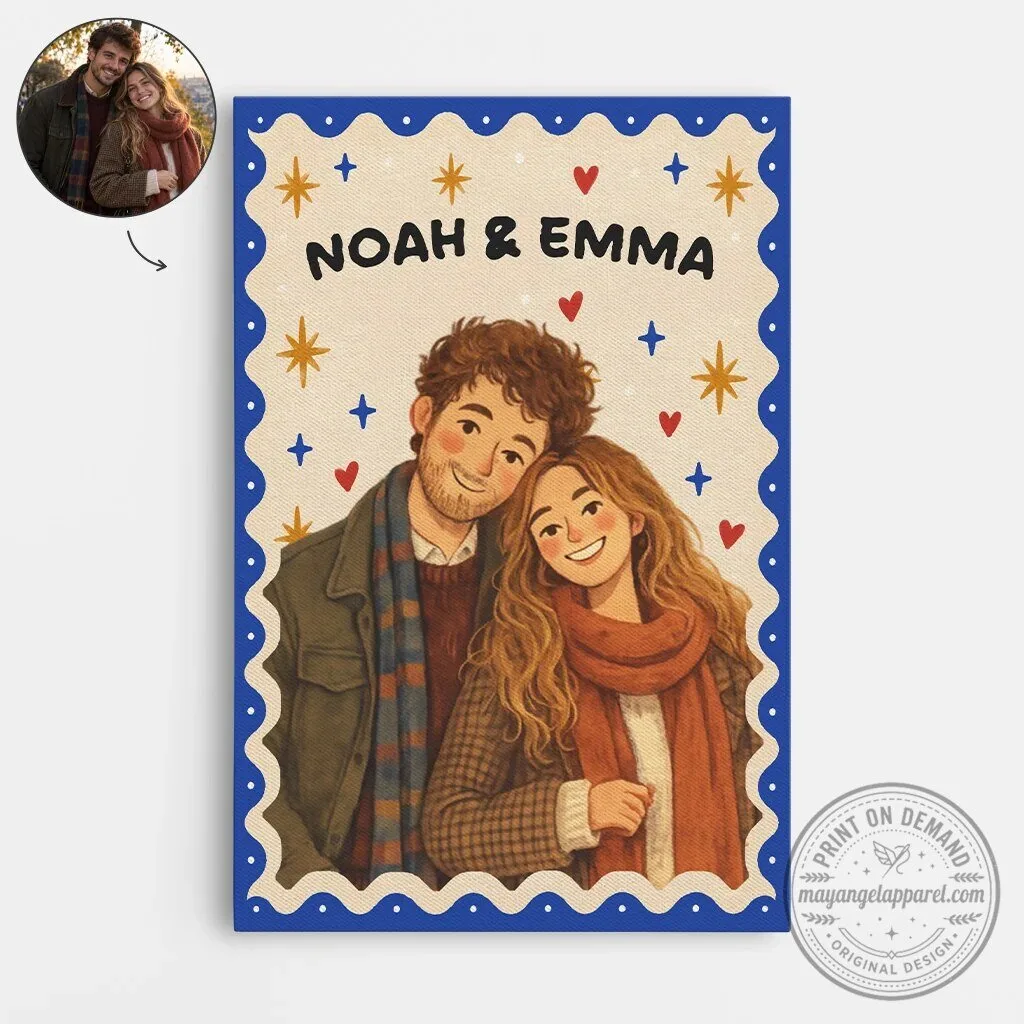 Personalized Cartoon Couple Portrait Canvas Wall Art for Anniversary Gift