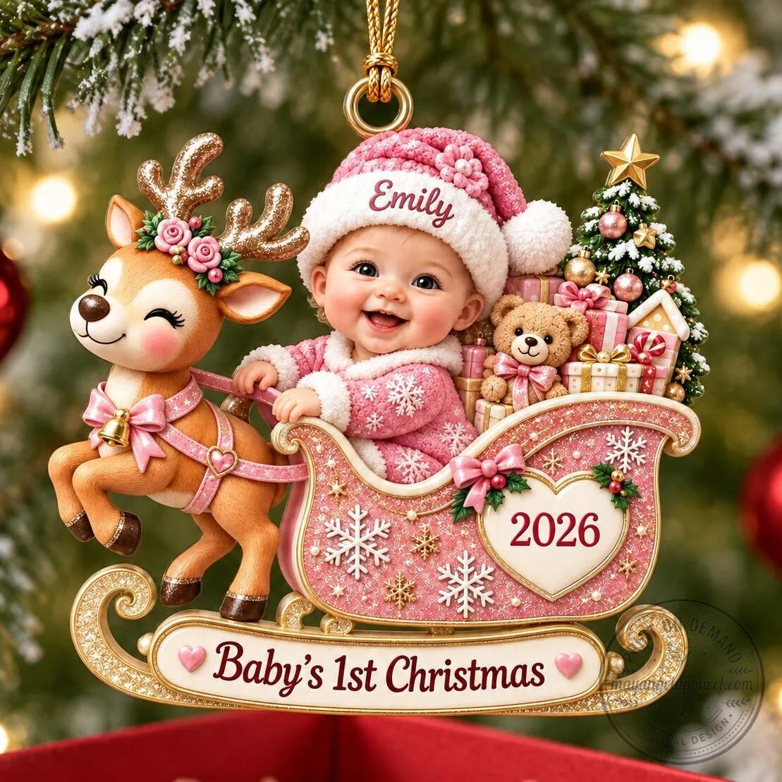 Personalized Baby's First Christmas Ornament 2026 with Reindeer and Sleigh