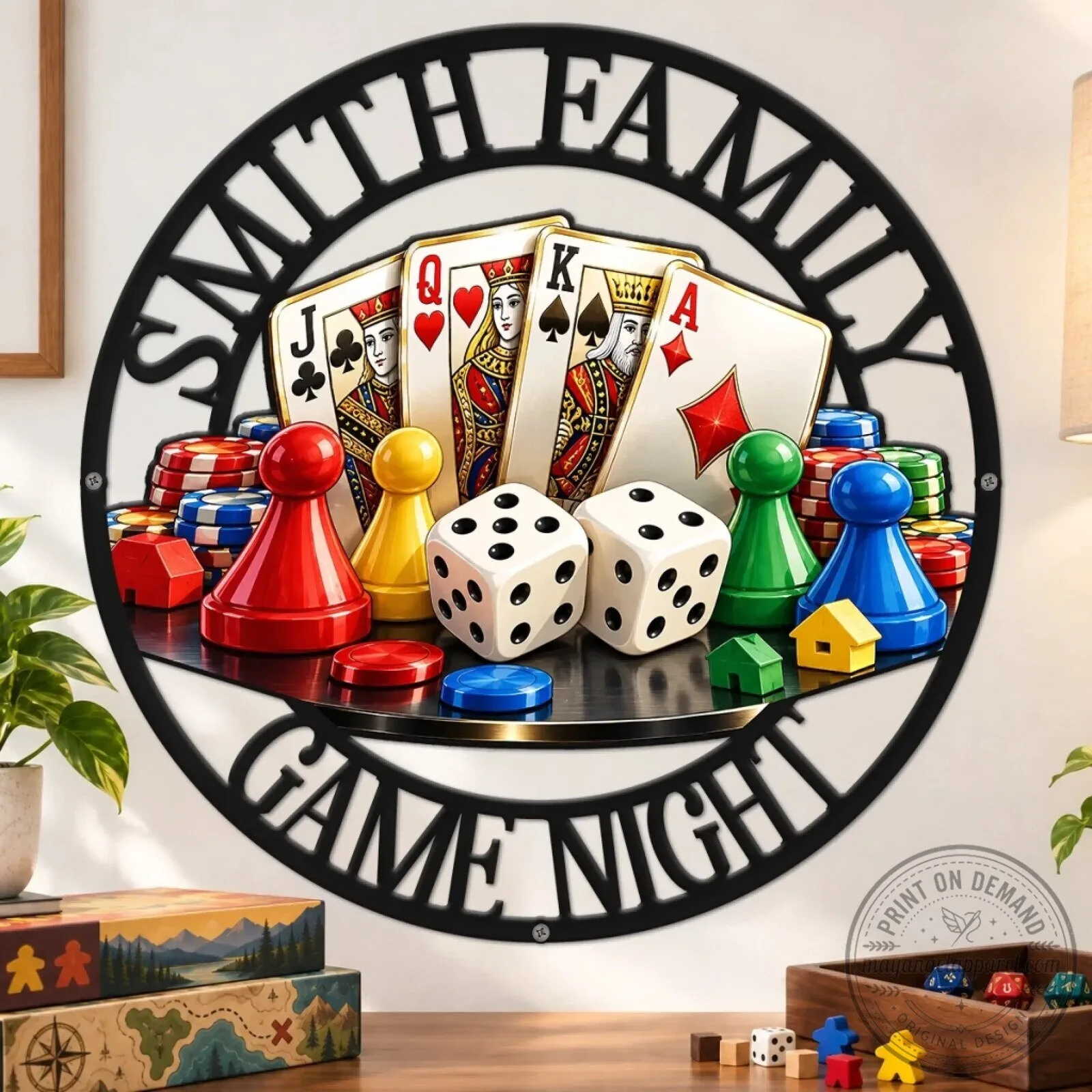 Personalized Family Game Night Metal Wall Decor Sign with Playing Cards and Dice
