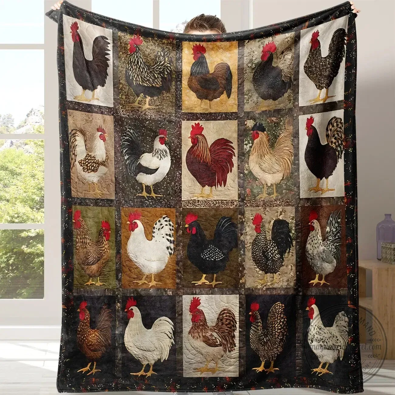 Vintage Farmhouse Chicken Floral Patchwork Rustic Country Decor Cozy Blanket