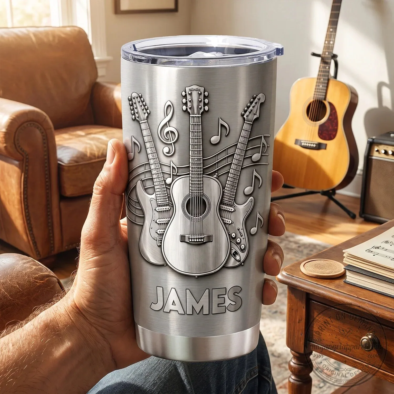 Personalized Guitar Music Notes Stainless Steel Tumbler with Custom Name