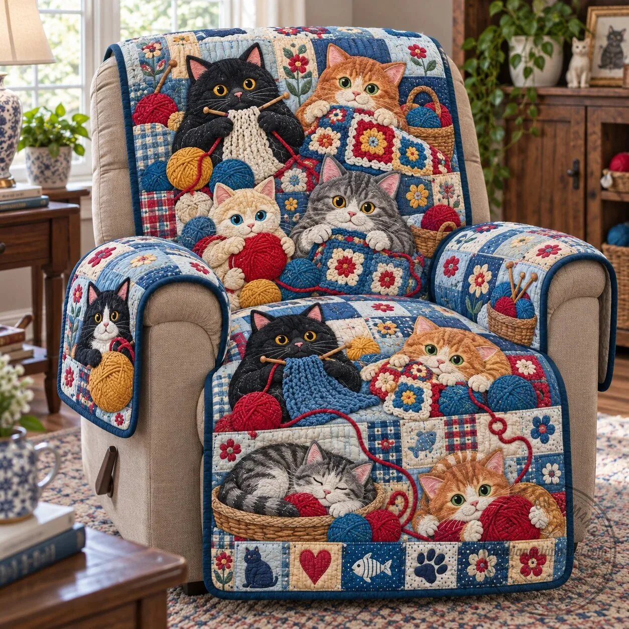 Cute Cats Knitting Yarn Quilted Recliner Furniture Protector Cover