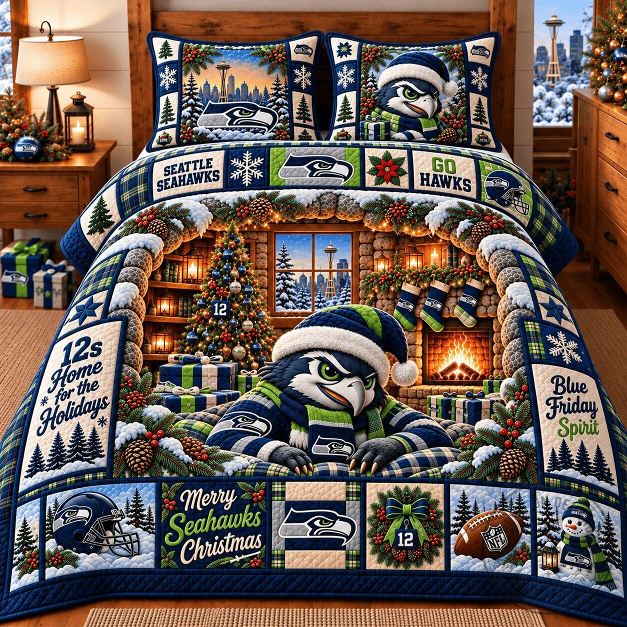 Seattle Seahawks Christmas Holiday Winter Quilted Bedding Set