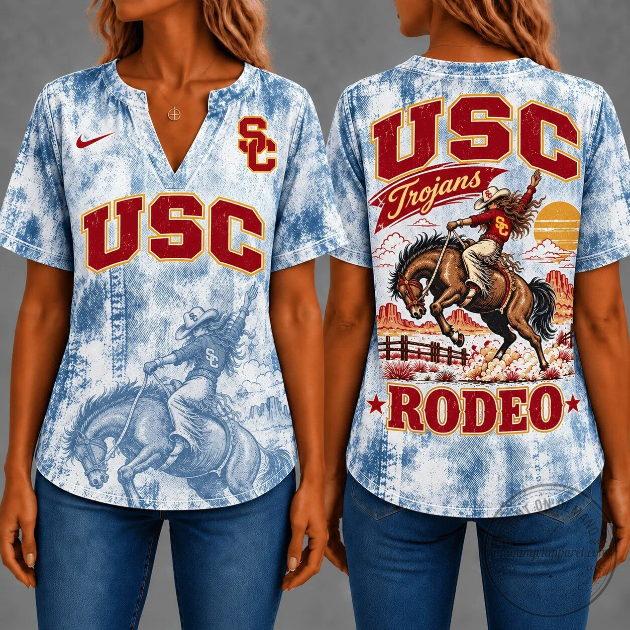 USC Trojans Retro Western Rodeo Denim Style V-Neck Short Sleeve Shirt