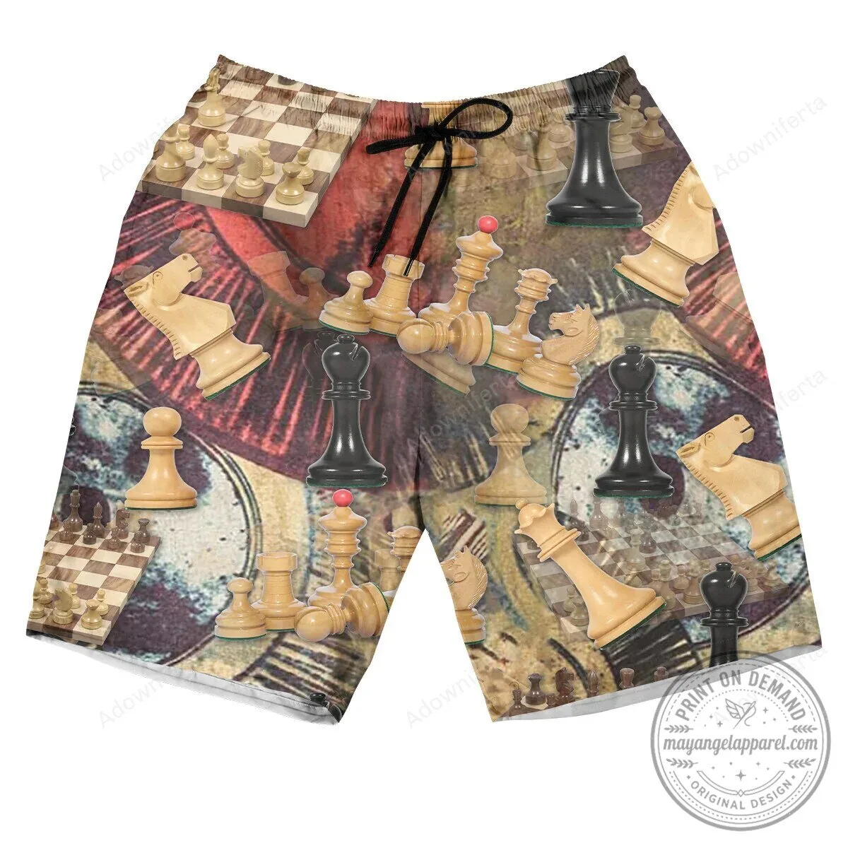 Vintage Chess Pieces and Board Pattern Hawaiian Shorts