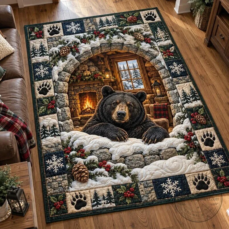 Cozy Fireside Black Bear Winter Cabin Scene Area Rug