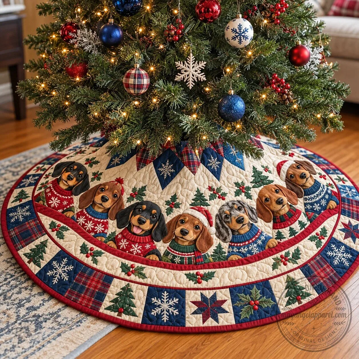 Dachshund Christmas Tree Skirt with Holiday Sweaters and Snowflakes