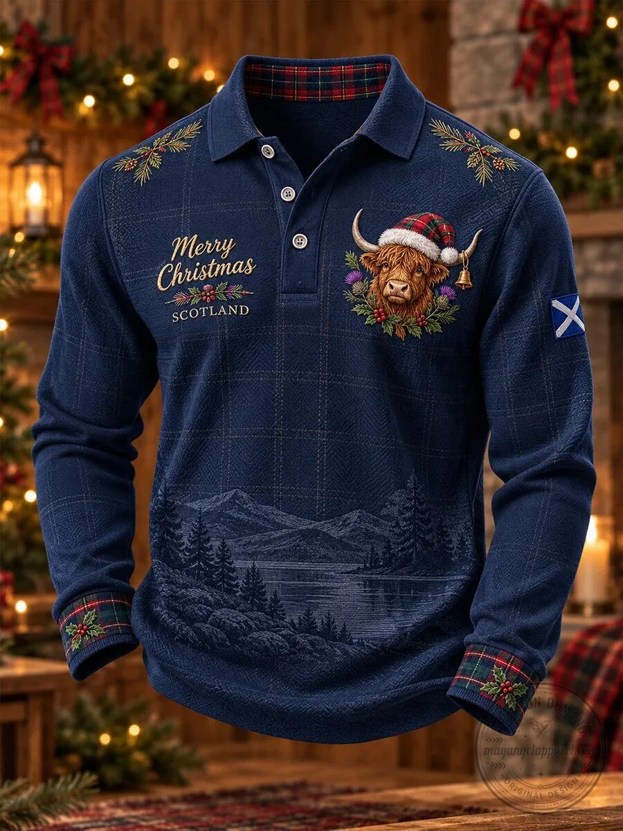 Merry Christmas Scotland Highland Cow Winter Landscape Men's Polo Shirt