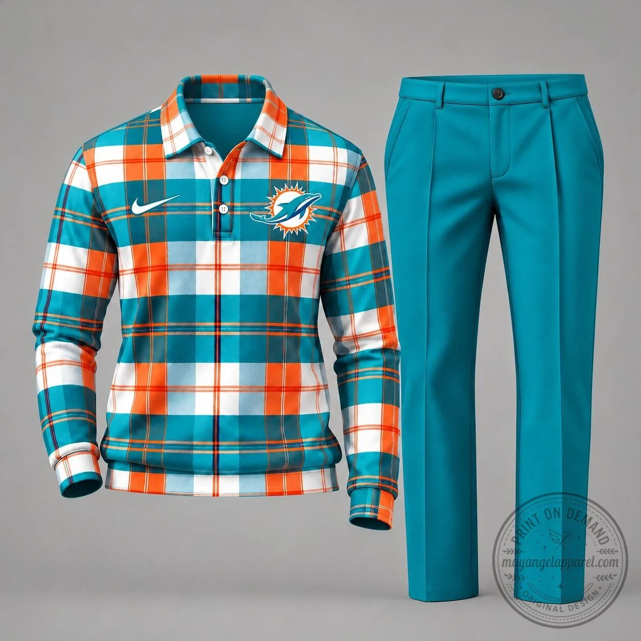 Miami Dolphins Plaid Long Sleeve Polo Shirt and Teal Pants Set