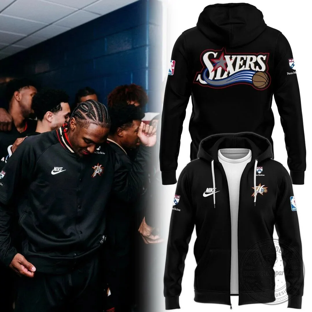 Philadelphia 76ers NBA Basketball Team Logo Black Full Zip Hoodie