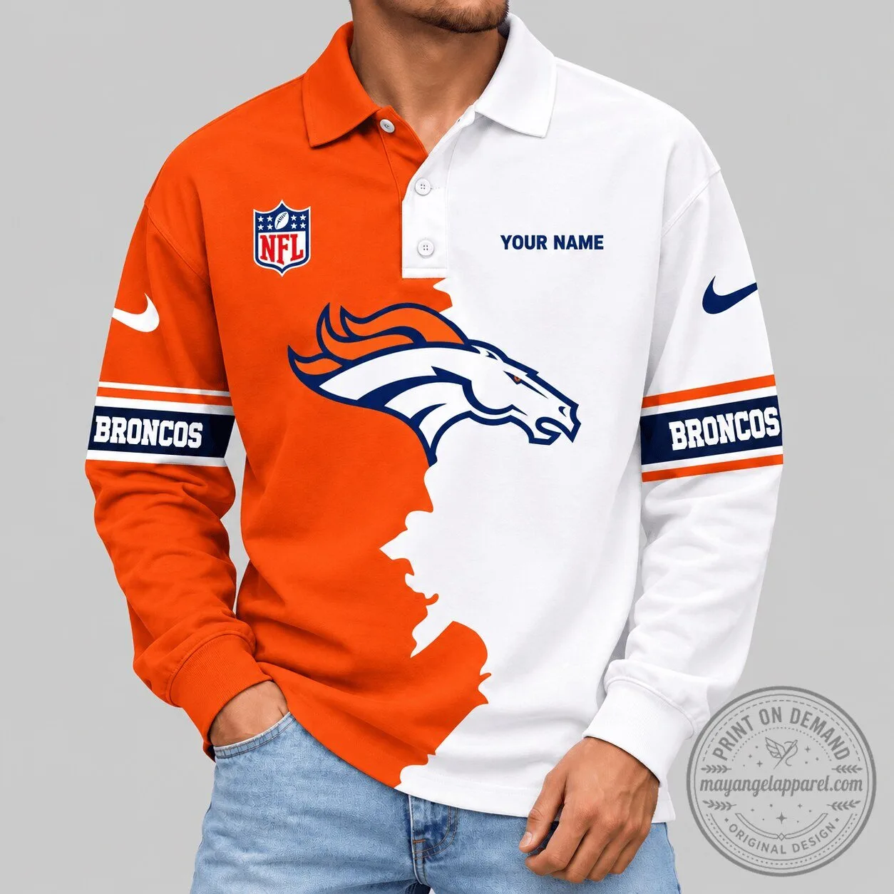 Denver Broncos NFL Split Panel Long Sleeve Polo Shirt