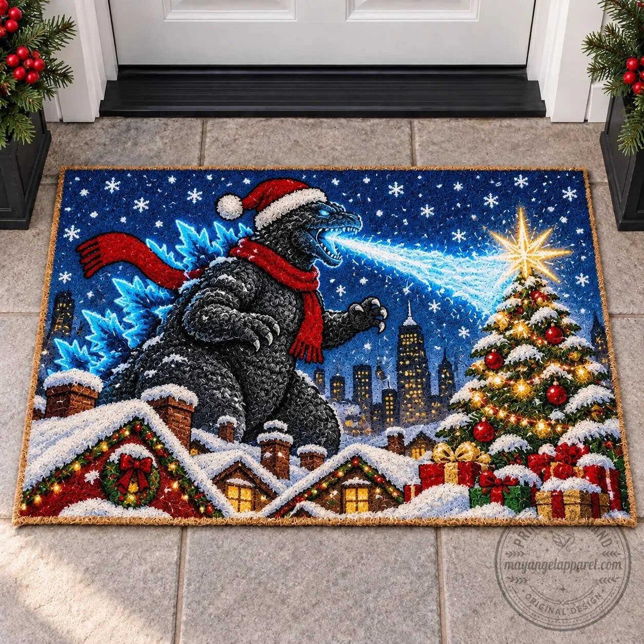 Godzilla Christmas Holiday Winter Scene Doormat