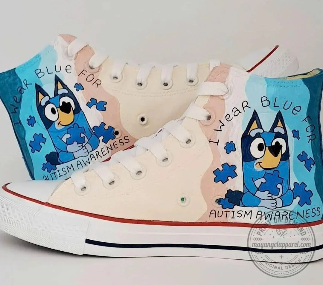High Top Canvas Shoes for Autism Awareness Featuring Bluey in Blue