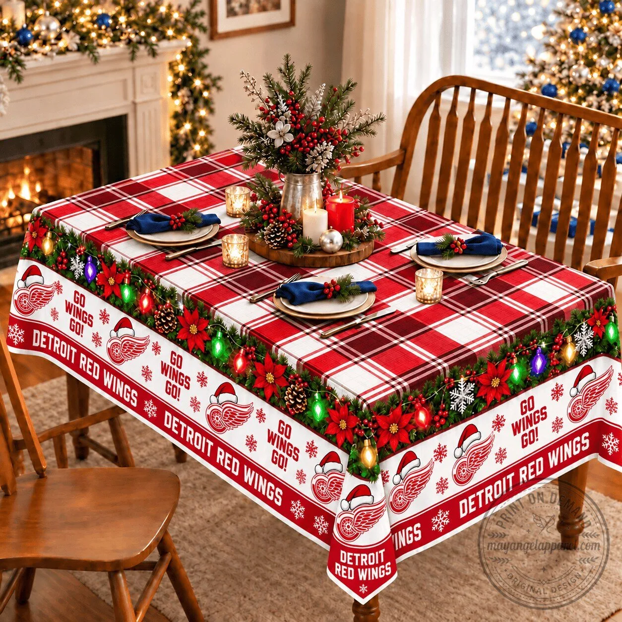 Detroit Red Wings Christmas Plaid Holiday Tablecloth