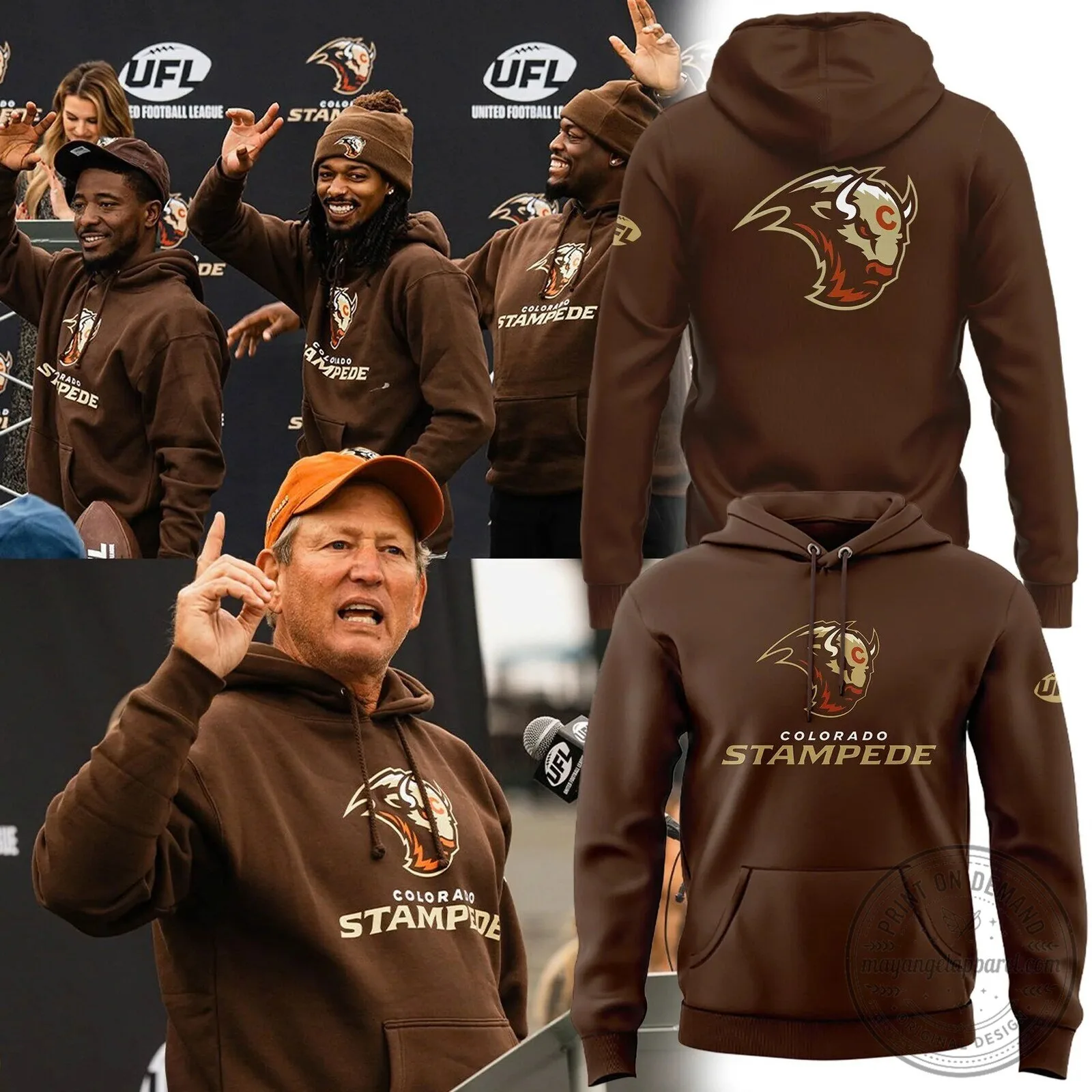Colorado Stampede United Football League Primary Logo Brown Hoodie
