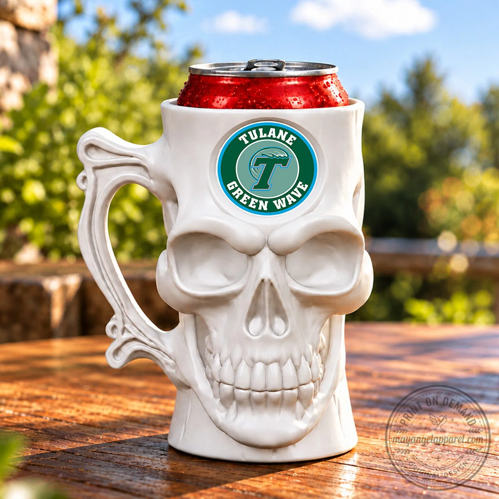 Tulane Green Wave Skull Can Cooler, NCAA College Football Team Drink Holder