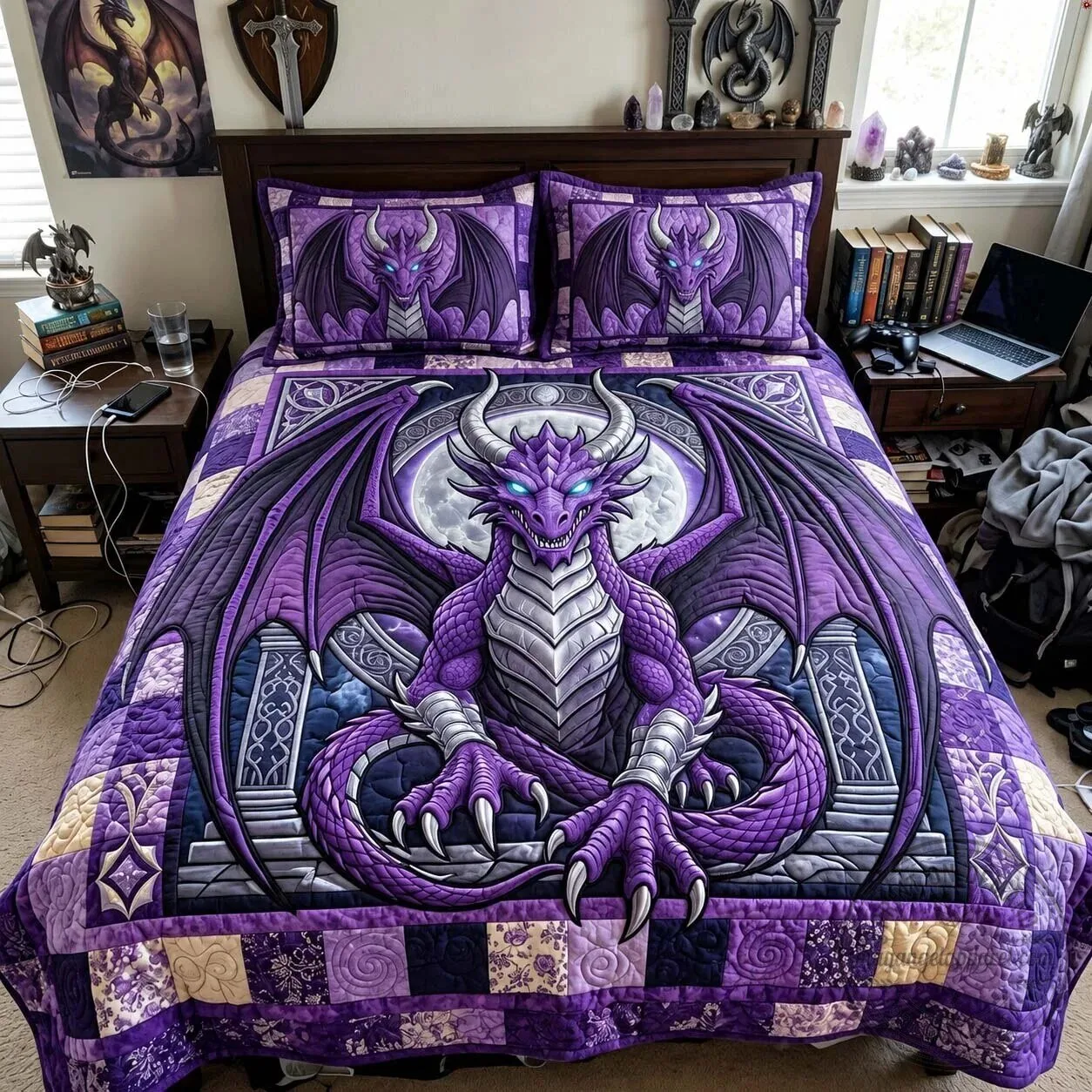 Purple Moon Dragon Fantasy Art Quilted Bedding Set with Pillow Shams