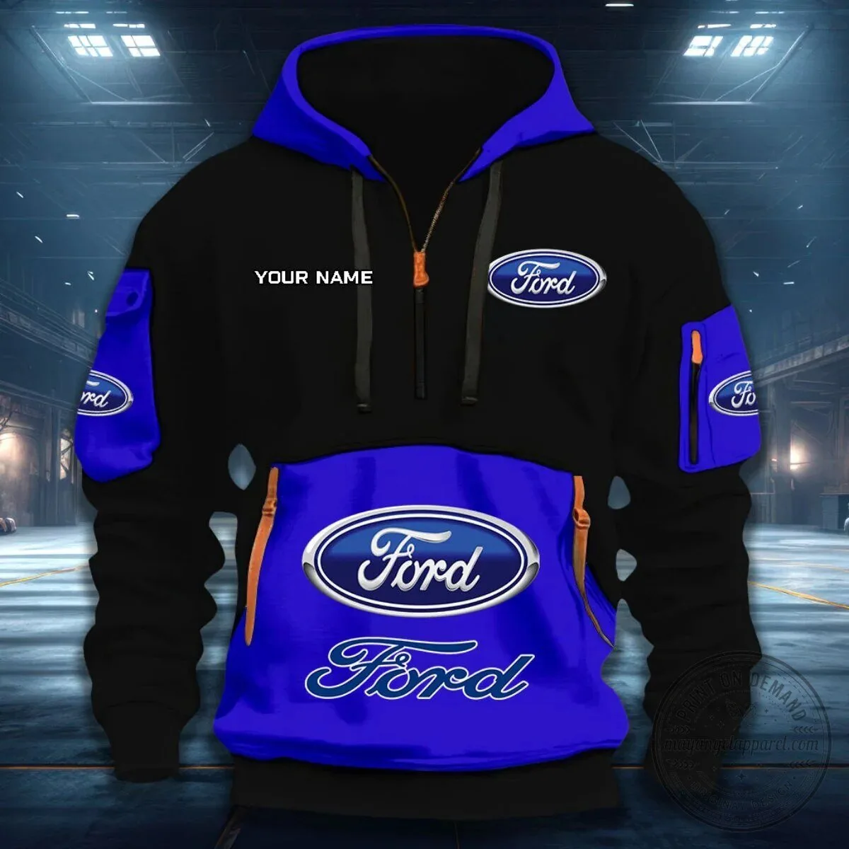 Ford Motor Company Blue Logo Personalized Quarter Zip Hoodie
